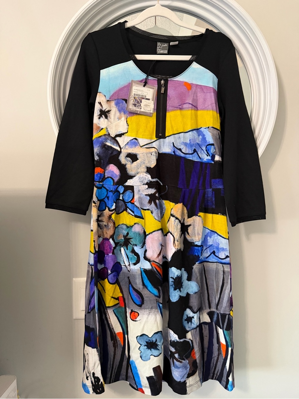 NWT Dolcezza Simply Art Abstract Floral Half Zip A Line Dress 3/4 Sleeve